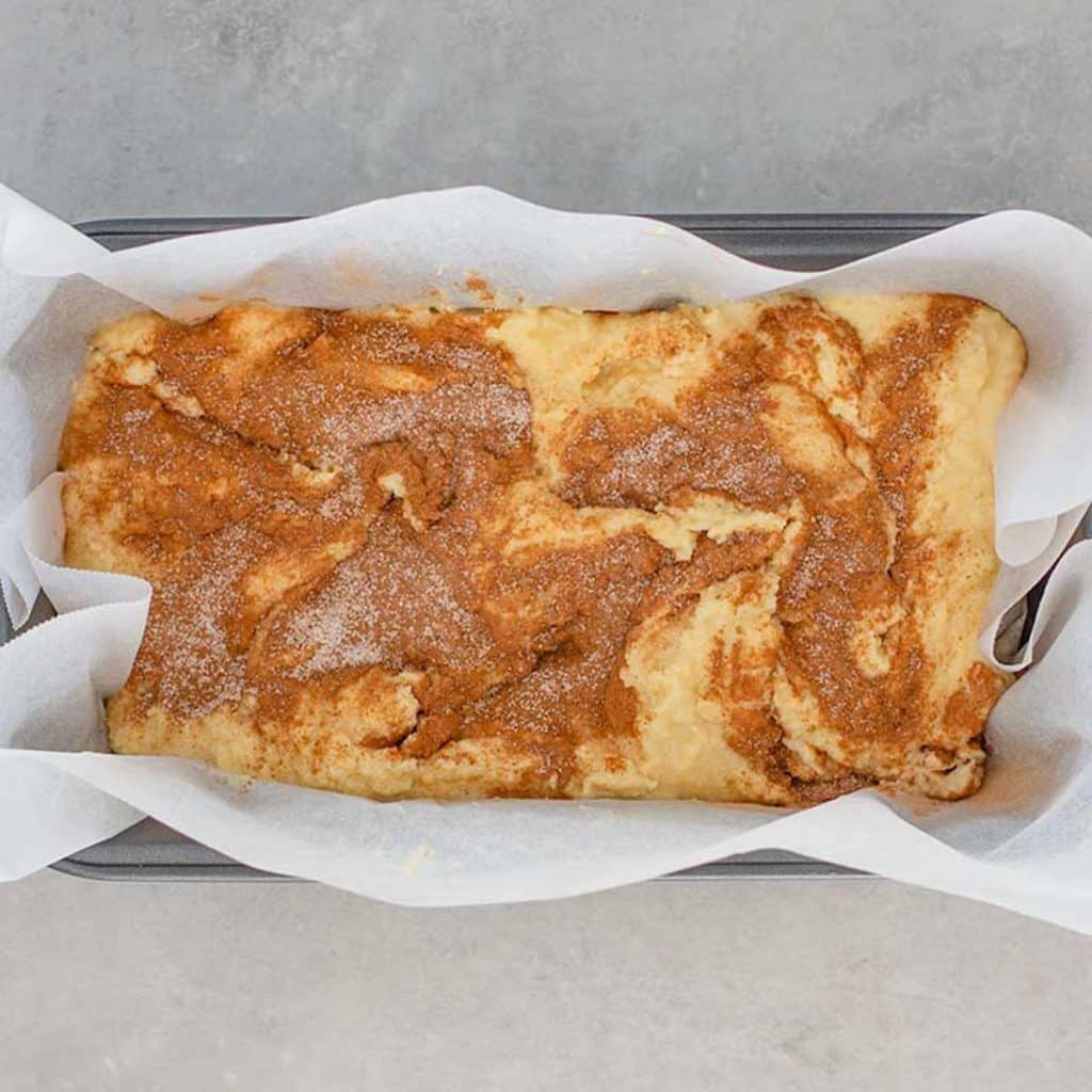 Keto cinnamon bread in a loaf tin.