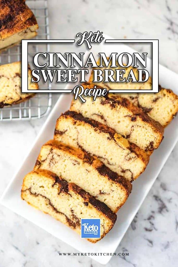 Keto cinnamon sweet bread on a white serving plate.