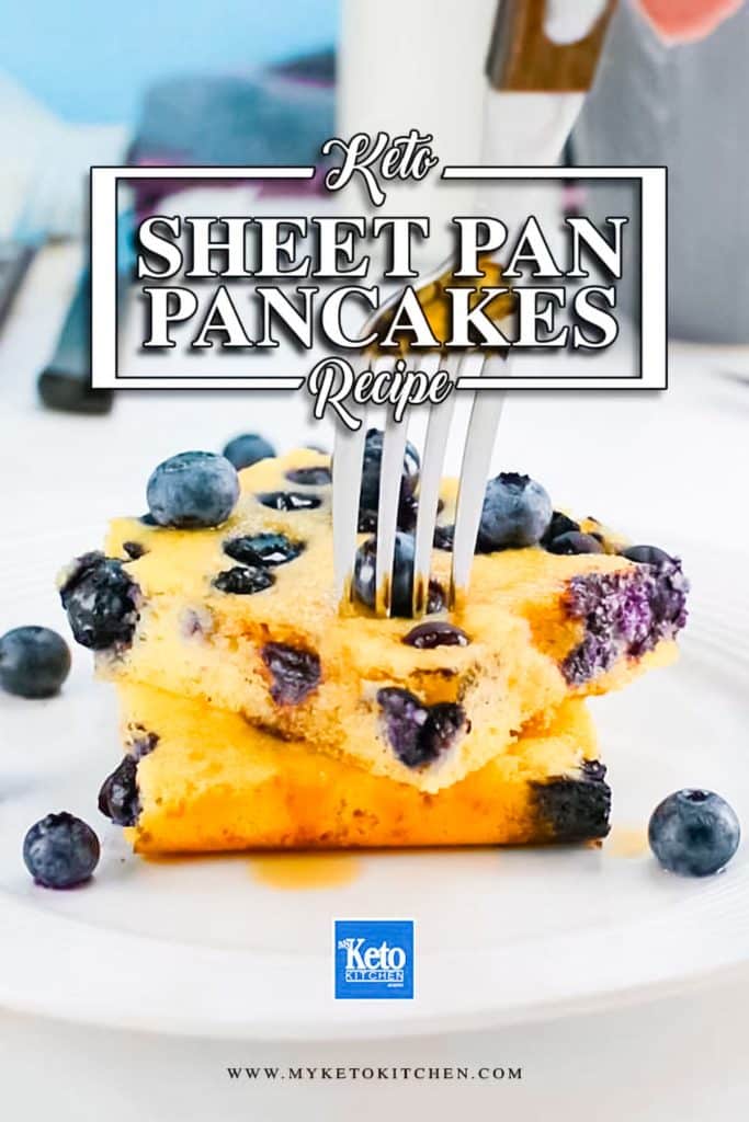 Keto sheet pan packes with maple syrup and blueberries on a white plate.