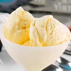 No churn keto ice cream in a white dessert bowl.