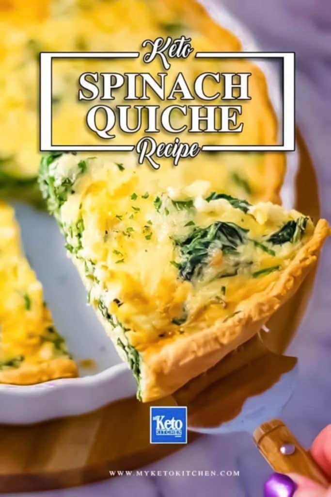 A slice of keto spinach quiche on a white pie dish.