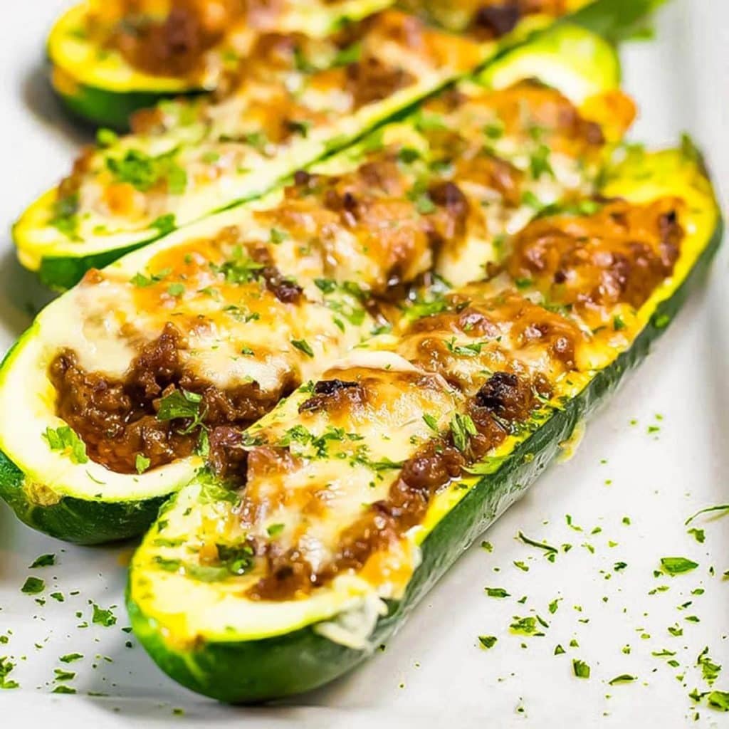 Keto zucchini boats recipe on a stone bench top.