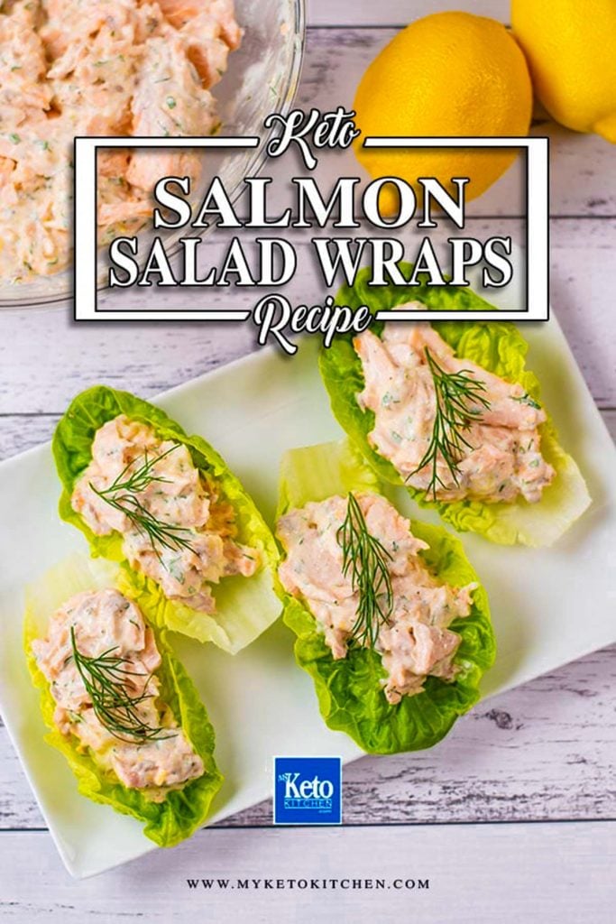 Keto salmon salad lettuce wraps on a white plate..