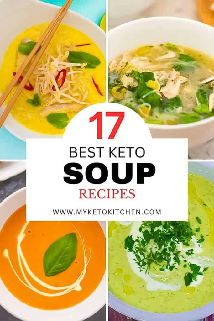 Four images of different keto soups; Thai curry, chicken noodle, keto tomato and broccoli soup.