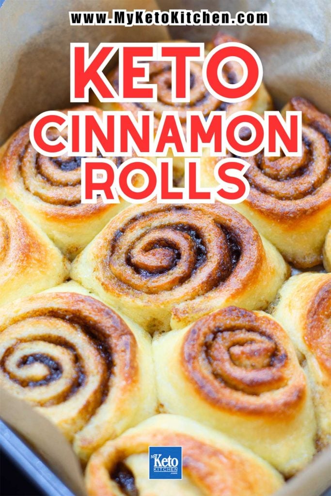 Keto cinnamon rolls in a baking dish.