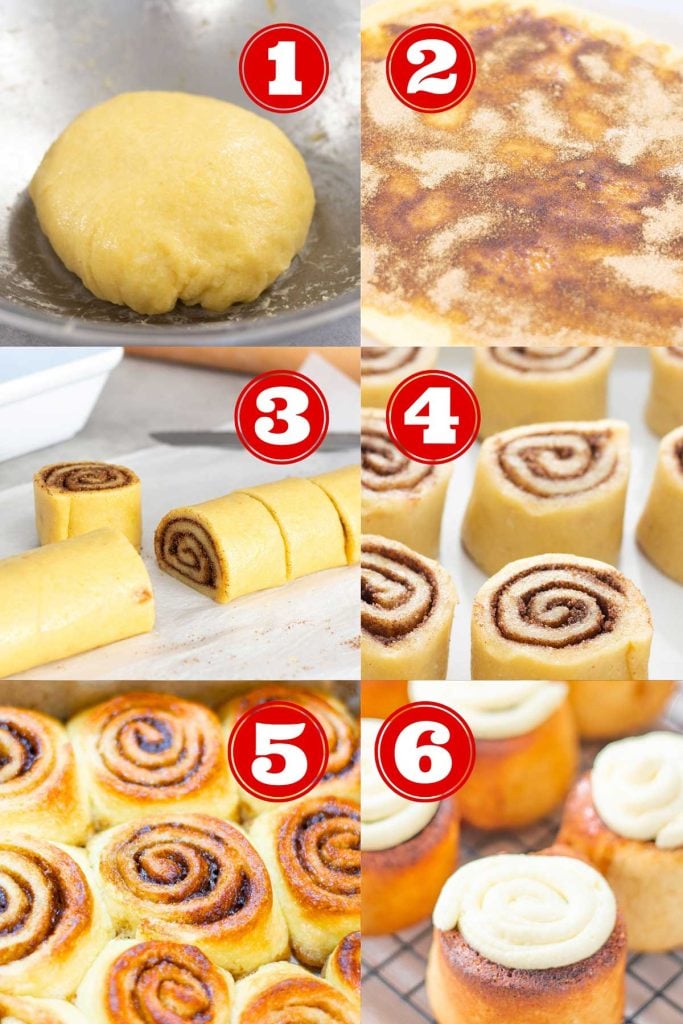 Six images of how to make keto cinnamon rolls from start to finish.