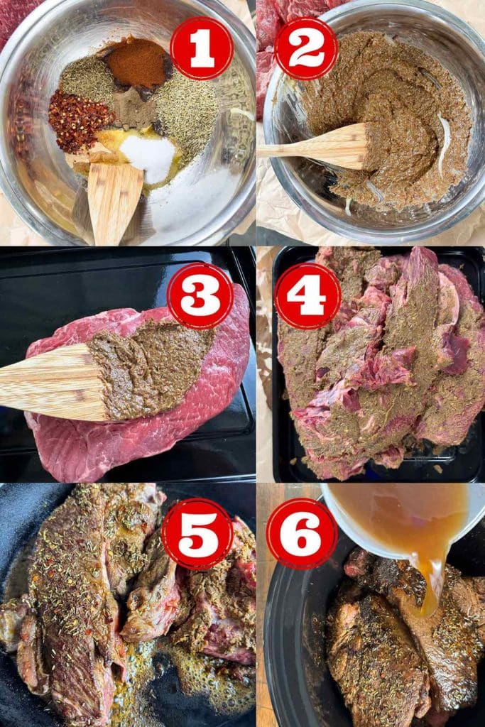 Six step of making keto carnivore beef chuck roast.