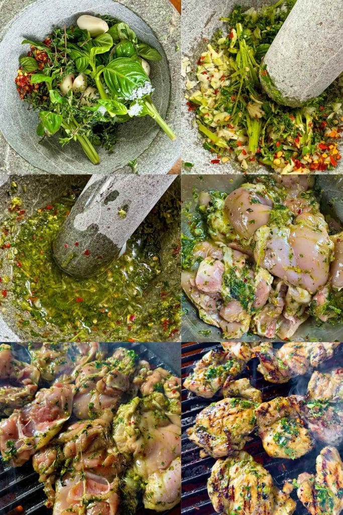 How to make garlic, chili, and basil chicken thighs step by step instructions.