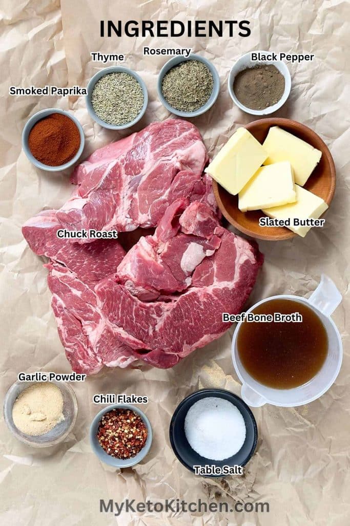 Keto carnivore chuck roast ingredients on brown paper. Chuck steak, salt, pepper, thyme, rosemary, smoked paprika, chili flakes, garlic powder, bone broth and salted butter.