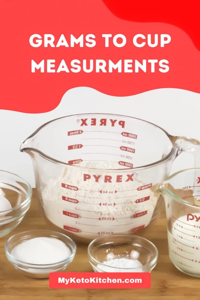 Grams to cup measurements with measuring cups under the text.