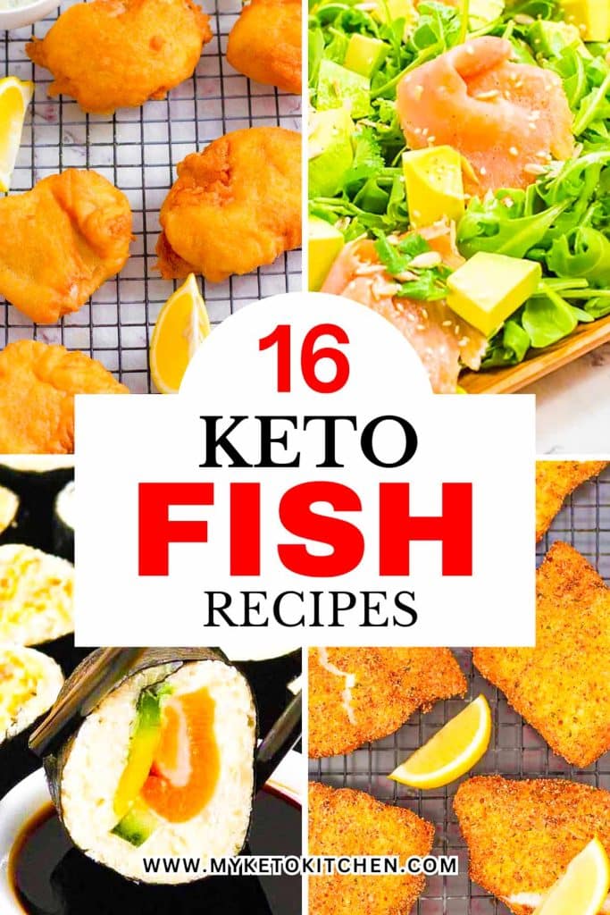 Four images of keto fish recipes including sushi, battered fish, breaded fish and salmon salad.