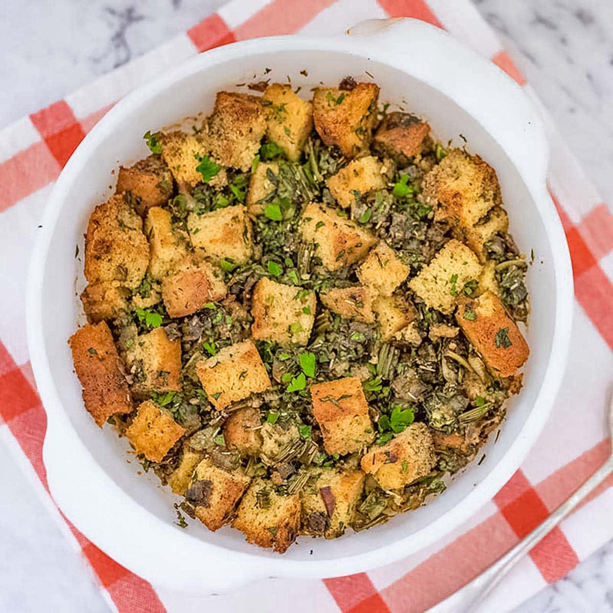 Keto stuffing in a white bowl.